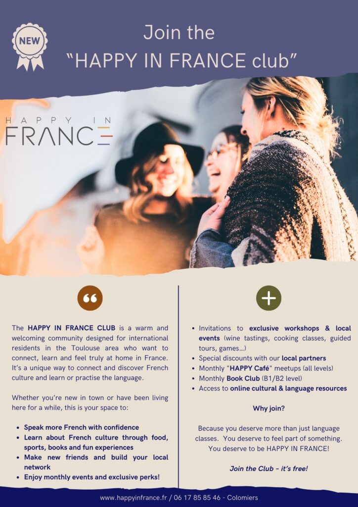 On voir le Flyer du club HAPPY IN FRANCE, des femmes en train de s'amuser et le descriptif des objectifs du CLUB HAPPY IN FRANCE